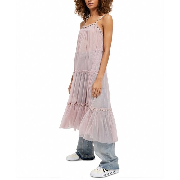 Free People Womens Midi Dress Small Pink Studded Mesh Night Out Tiered Trapeze - Picture 3 of 14
